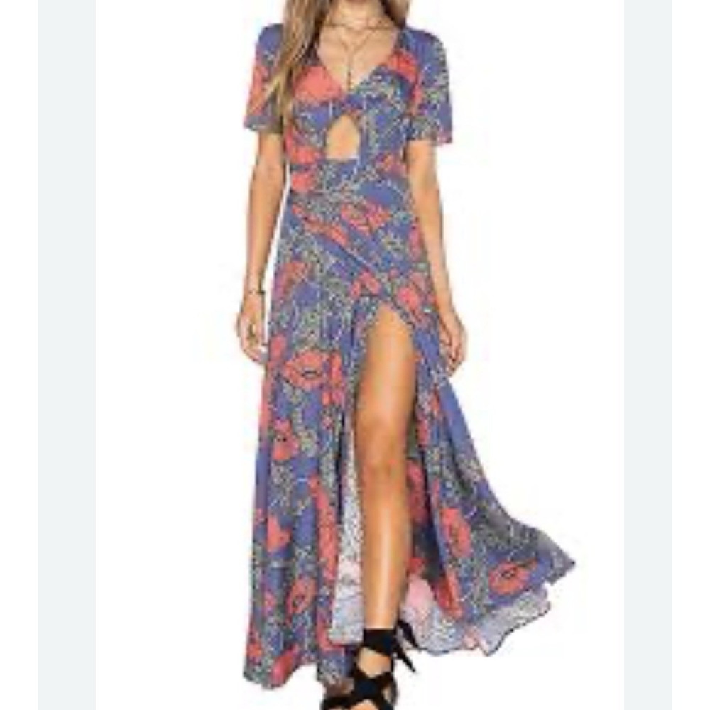 Tularosa Floral Maxi Women Dress‎ Large Boho Split Leg Short Sleeve Cutout Front